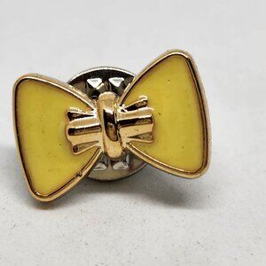 Yellow Bow Acrylic Pin Enamel Gold Tone Trim Button Size Accent Cute